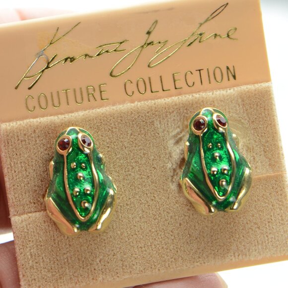 Vintage Kenneth Jay Lane KJL Enamel & Crystal Clip-On Frog Earrings - Picture 1 of 5